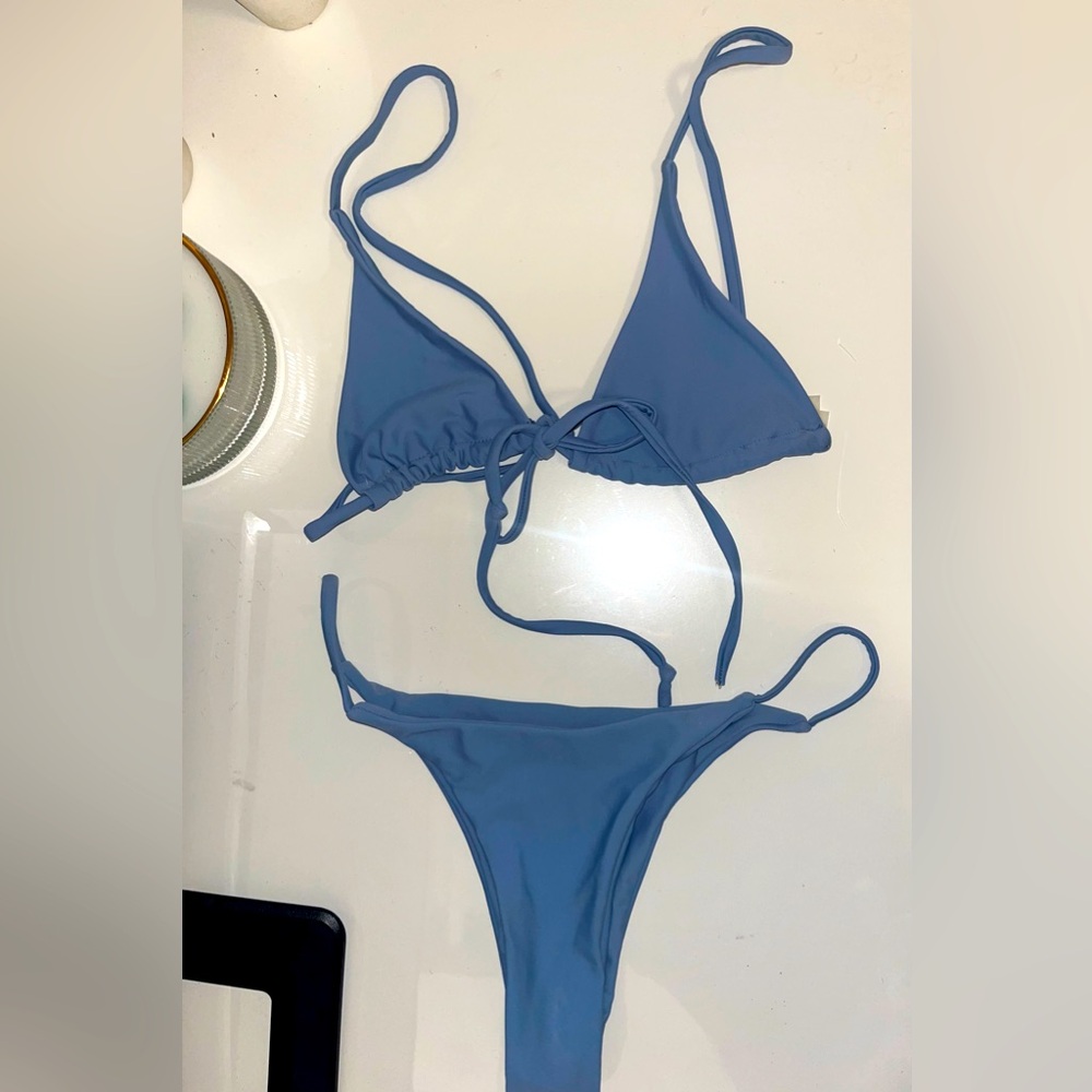Blue tie front string bikini